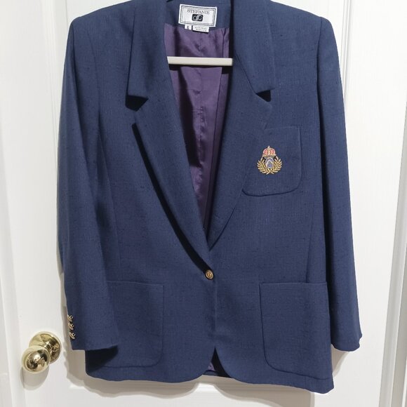 1980's Vintage Stefanie Powers Navy Blue Crested Blazer, Women's Size 6 - Picture 1 of 12